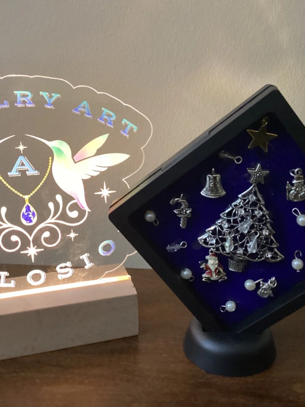 Upcycled jewelry made in art jingle bells Christmas tree charms beads framed